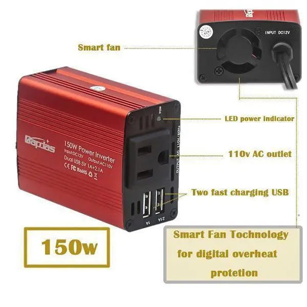150 W bilomformer med dobbelt USB-port 3,1 A, 12 V til 110 V/220 V