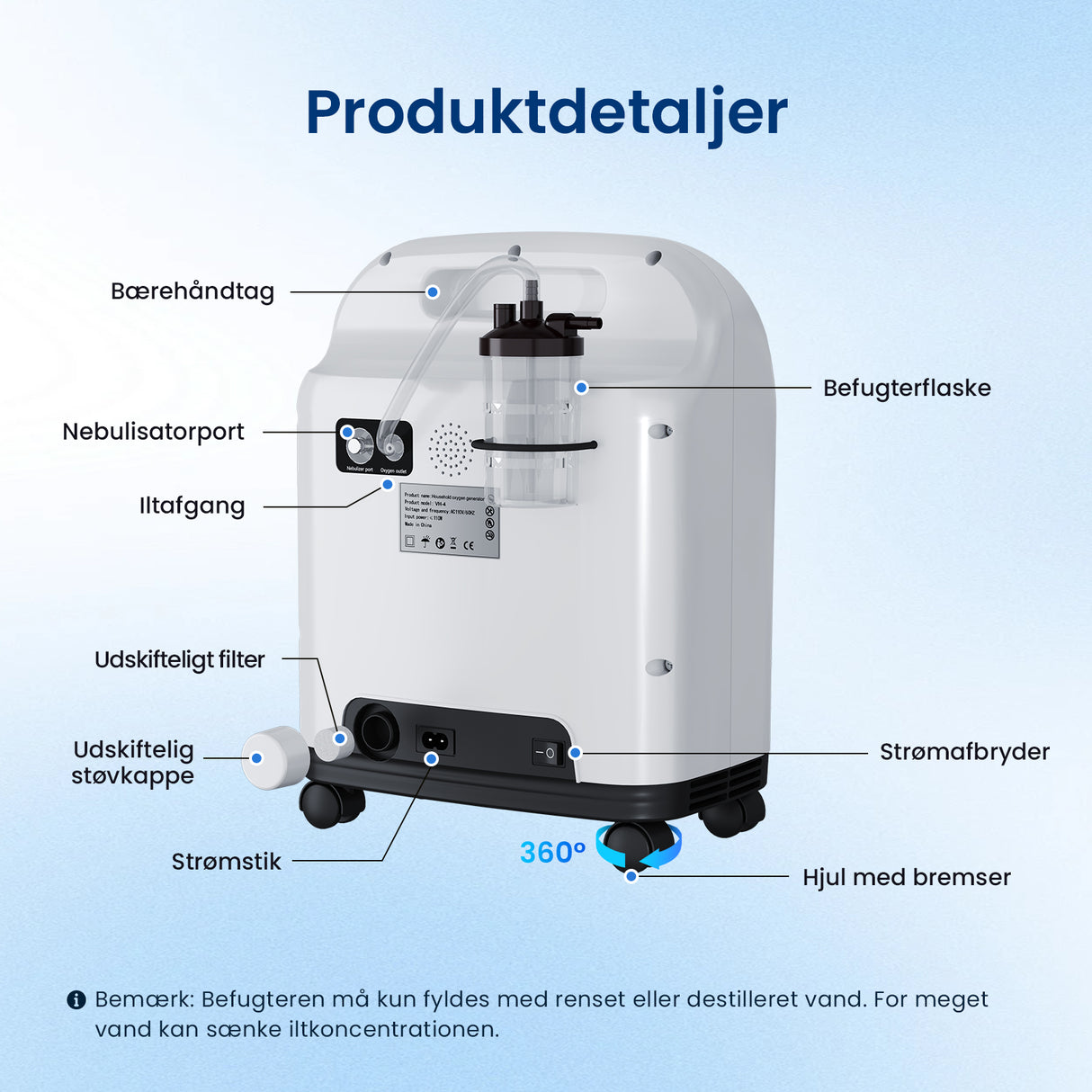 VARON VH-4 | Kontinuerlig iltkoncentrator til hjemmebrug (1-9 indstillinger)