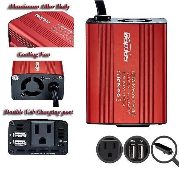 150 W bilomformer med dobbelt USB-port 3,1 A, 12 V til 110 V/220 V