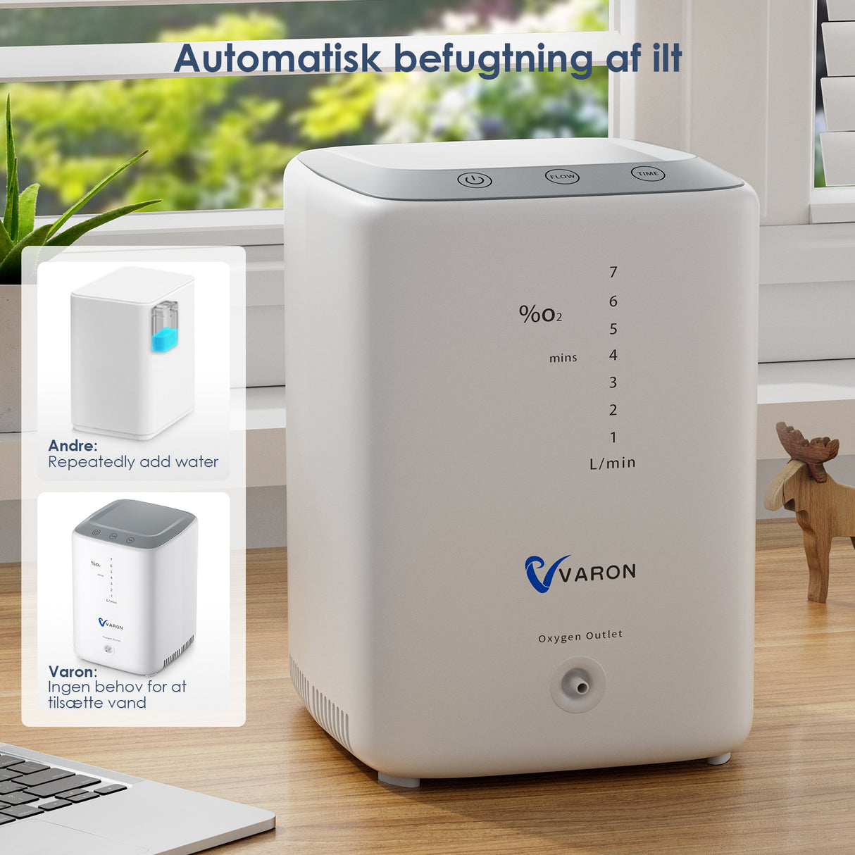 VARON VH-3 stasjonær oksygenkonsentrator | 1–7 l/min komfortabel terapi, CE-sertifisert