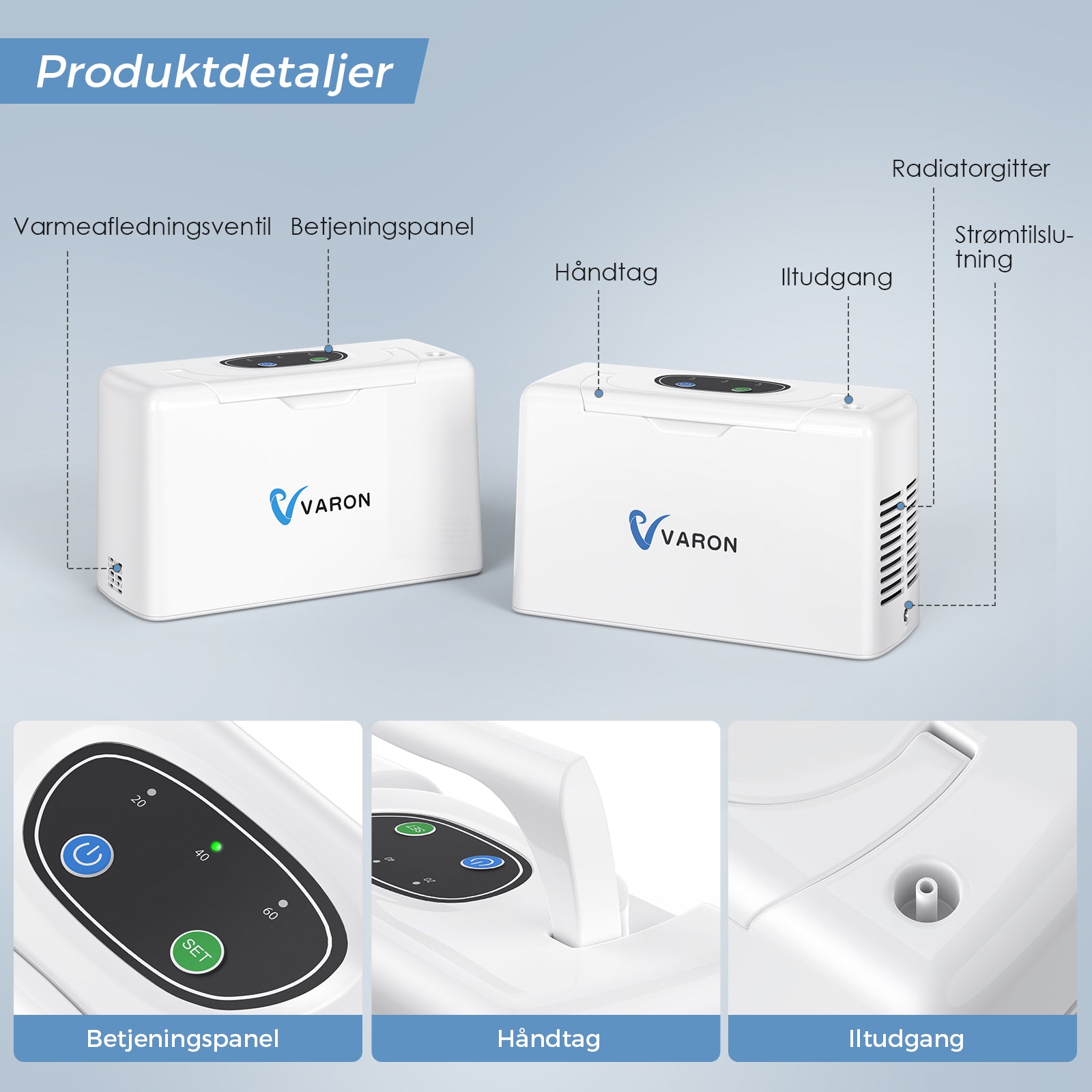 VARON VL-2 lett bærbar kontinuerlig oksygenkonsentrator 3 l/min, CE-sertifisert