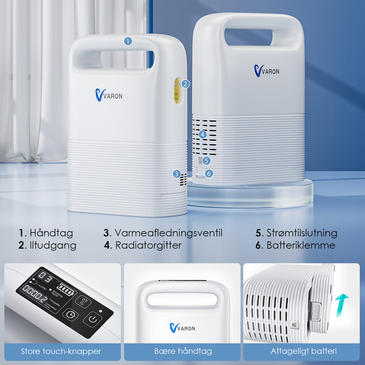 VARON VP-2 Bærbar pulsiltkoncentrator – 93% ilt, lang batteritid, CE-certificeret