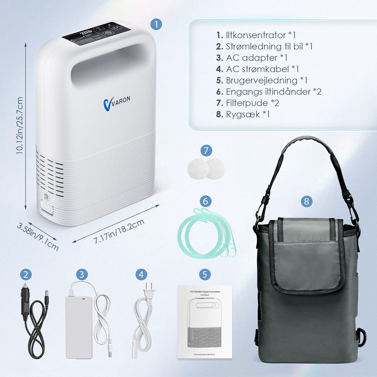 VARON VP-2 Bærbar pulsiltkoncentrator – 93% ilt, lang batteritid, CE-certificeret